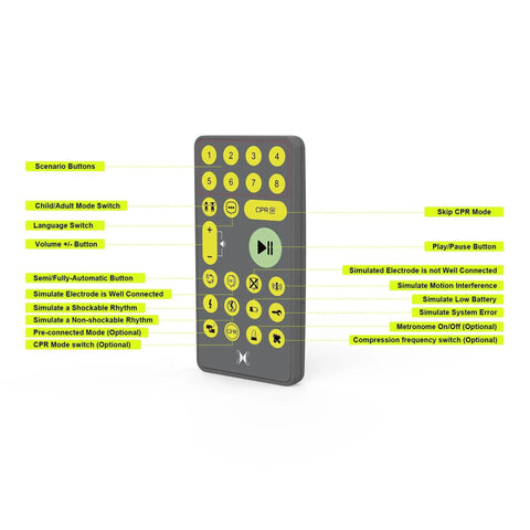 Remote control for Rechargeable AED Trainer With buttons, labeled functions, for Pro Grade CPR Practice and Defibrillator Simulation.