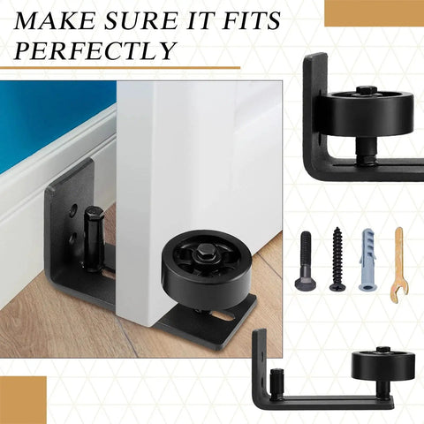 4 Pieces Sliding Closet Barn Door Floor Guide Kit With Flush Wall Mount Design And Bottom Adjustable Roller shown installed.