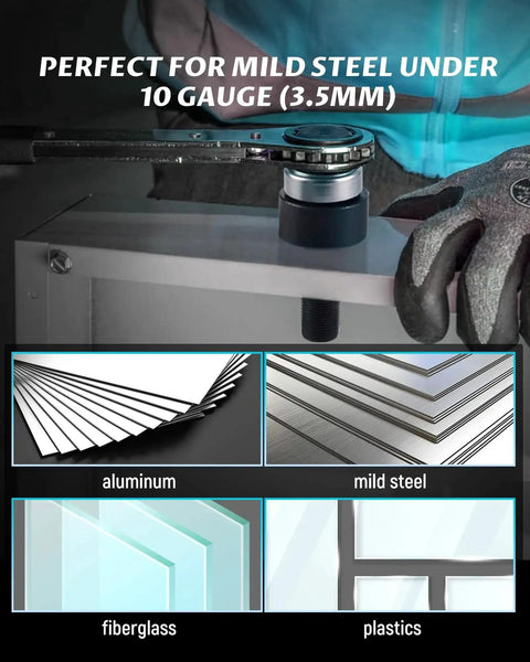 Heavy Duty Metal Knockout Punch Kit With Four Dies And Two Bearing Bolts in use on mild steel, showing cutting ability.
