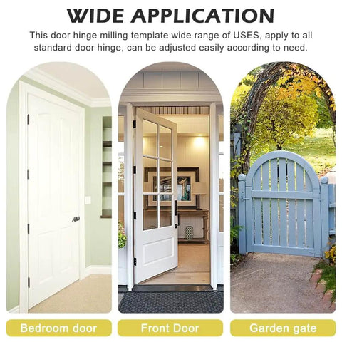 Wide application of a door hinge installation kit on bedroom, front, and garden doors with different designs.