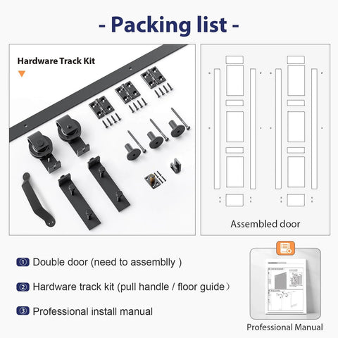Packing list for Double 16x84 White Bifold Barn Door Set with 36 Inch Hardware Track Kit and assembly instructions.