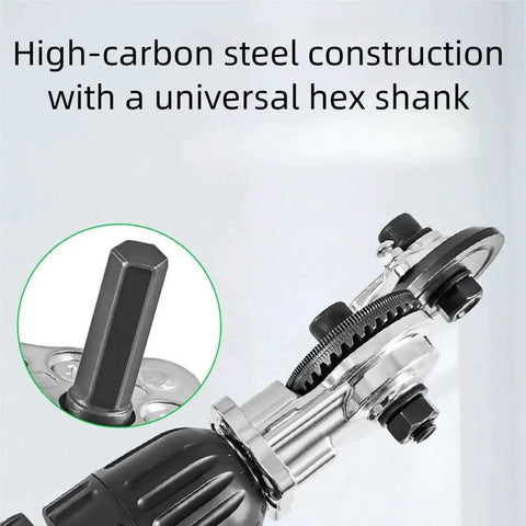 Drill Powered Sheet Metal Cutter And Nibbler Attachment showing hex shank and high-carbon steel construction