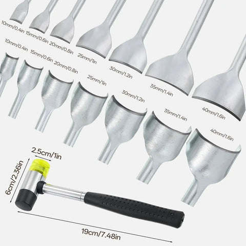 14 Sizes Leather Corner Punch Set With Half Round Punch And Rubber Hammer for DIY leathercraft, 10mm to 40mm, shown in full view