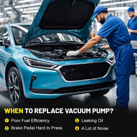 Brake vacuum pump replacement scene; mechanic under the hood of a blue GM SUV in a workshop.