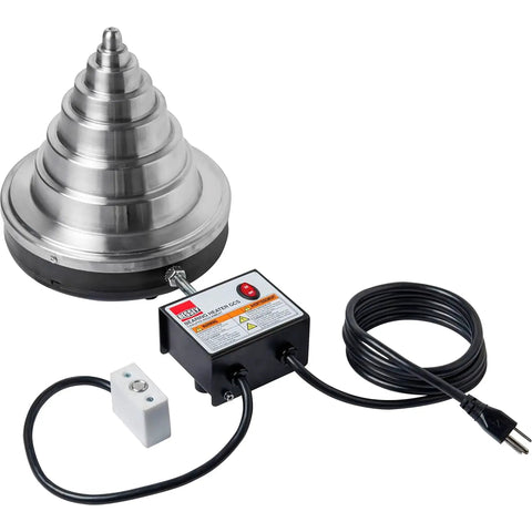 Cone Style Bearing Heater For Three Eighths To Eight And One Quarter Inch Bearings Pro Grade Heavy Duty Peak Performance For Auto Shop And Industrial Use Even Heat Safe To Use Quick Fit For A Wide Range Of Bearings By BESSEY, shown with control box and power cord.