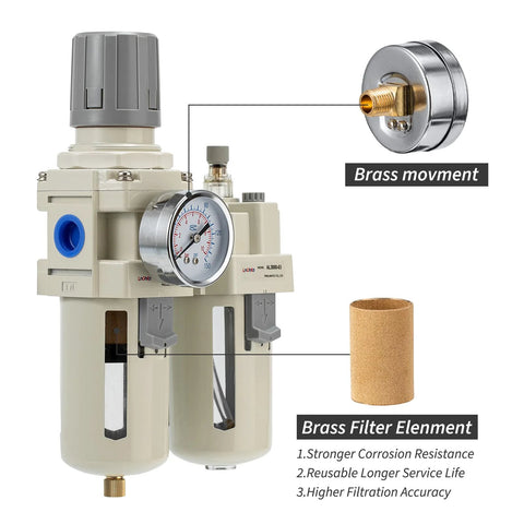 LNCHKA FRL air regulator filter lubricator unit with pressure gauge 0-150 PSI and 3/8 NPT brass fittings