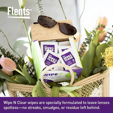 Pre Moistened Lens Wipes For Glasses And Sunglasses Streak Free And Travel Ready in a basket with sunglasses and flowers