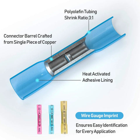 TICONN heat shrink butt wire connectors kit, 100pcs, insulated waterproof crimps with copper barrel and adhesive lining