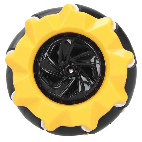Close-up of an 80mm Mecanum Wheel Set For Omnidirectional Robot Cars And DIY Bots, featuring durable ABS rubber for smooth movement.