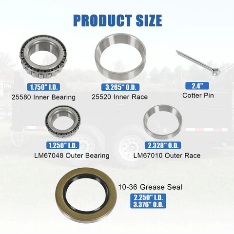 Boat Trailer Axle Bearings Kit Compatible With 5200 Lb Axles For D42 Spindle 1.25 To 1.75 Inch Includes Inner Bearing 25580 Inner Race 25520 Outer Bearing LM67048 Outer Race LM67010 22333TB Grease Seal 10 36 And Cotter Pin Ready To Roll components display