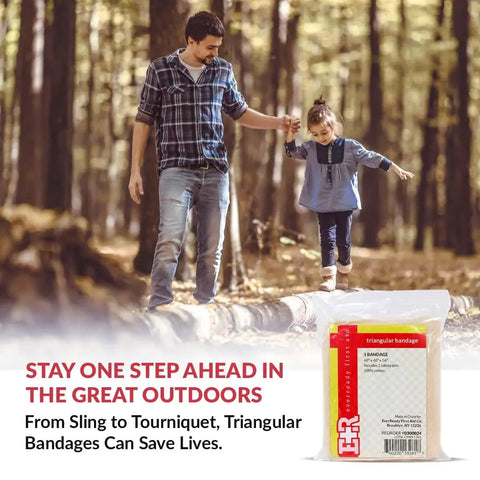 Father and daughter walking in forest with Home First Aid Triangle Bandage Set 40 By 40 By 56 Inches, 12 Count, package in foreground.