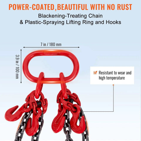 Red four‑leg chain sling with chains and hooks attached to a top master link for lifting