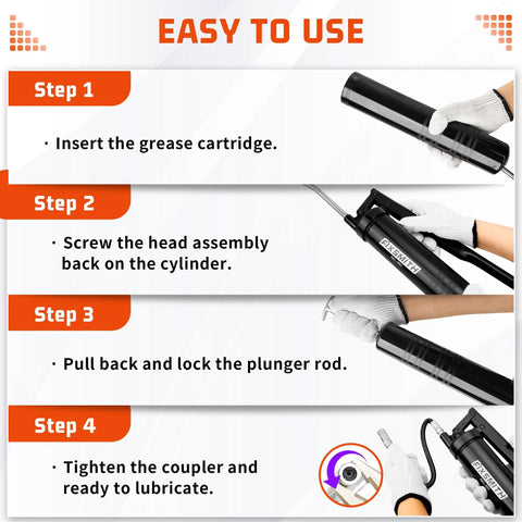 FIXSMITH Professional Lever Action Grease Gun with 12-in reinforced hose and 7-in ext., 14-oz cartridge & bulk fill