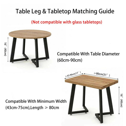 Table Leg & Tabletop Matching Guide showing Heavy Duty 16 Inch Black Metal Coffee Table Legs Double V Shaped Design 2 Piece Set.