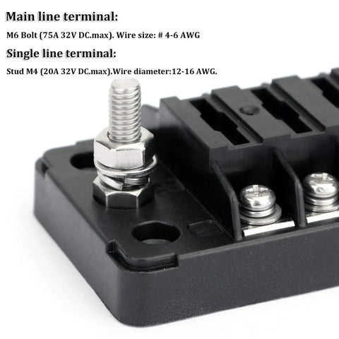 Side view of Six Way Marine Blade Fuse Block With Negative Bus Waterproof ATC ATO Fuse Box Panel showing terminal connections.