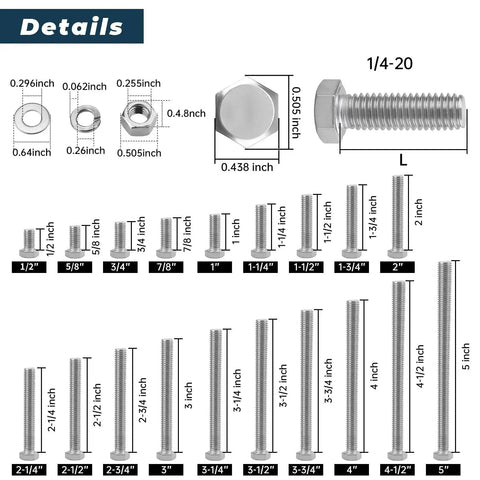 High Quality 1/4-20 x 1 Inch 304 Stainless Steel Hex Head Bolts Screws Nuts Flat and Lock Washers Kit dimensions and size chart