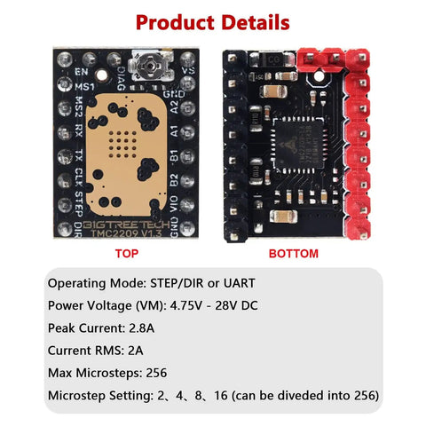 Top and bottom view of TMC2209 V1.3 UART Stepper Motor Driver 2.8A Peak Ultra Quiet Silent Driver for 3D Printer Control Boards
