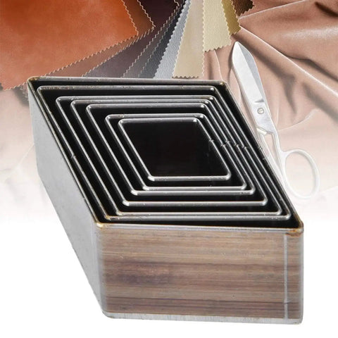 Seven Piece Leather Hole Punch Set With Diamond Shape Dies From 20mm To 50mm for DIY wallets, featuring layered metal dies.