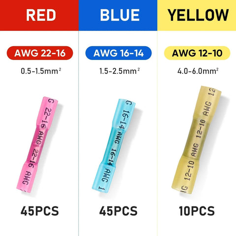 TICONN heat shrink butt wire connector kit, 100pcs; red 45, blue 45, yellow 10 for AWG 22-16, 16-14, 12-10