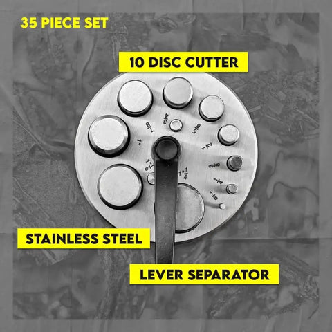 10 Piece Precision Locking Disc Cutter Set With Lever Separator for Metal Crafting in stainless steel, featuring 10 sizes.