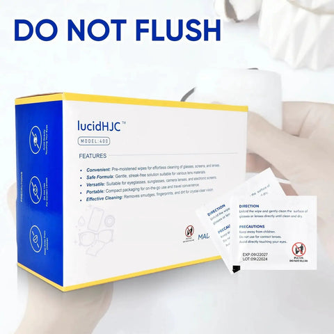 Packaging of Multiuse Lens Wipes For Glasses, Cameras And Screens, 400 Individually Wrapped, with sample wipe packets