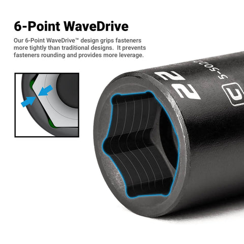 Close-up of Beefy Fifteen Sixteenths Inch Shallow Impact Socket Set One Half Inch Drive Six Point SAE showing 6-point wave drive design