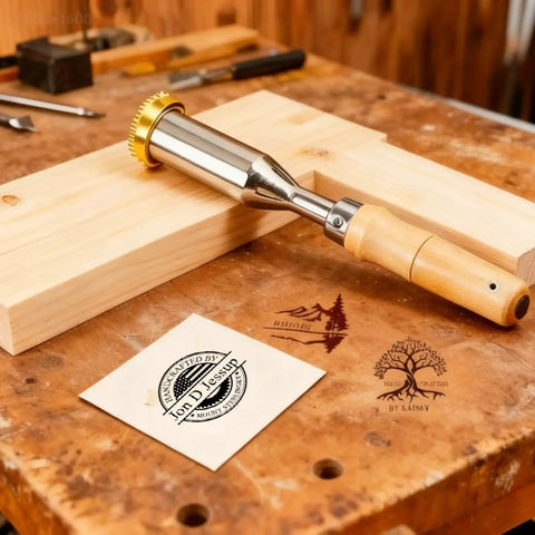 Personalized Branding Iron For Wood And Leather With Stand Electric Logo Stamp Kit on a workbench with imprints on wood and paper.