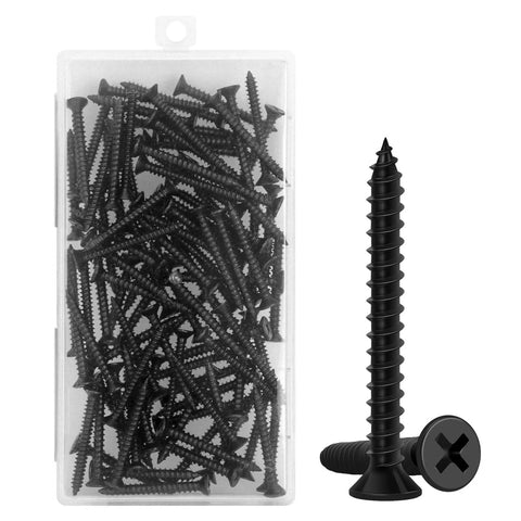 Flat Head Phillips Wood Screws Size Eight By One And A Half Inch, 80 Pack, Self Tapping Black Carbon Steel For Indoor Furniture And Woodworking Projects, Electrophoresis Black Finish Delivers Extra Durability And Corrosion Resistance
