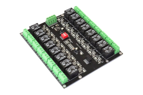 16 Channel I2C Relay Board With PCF8575 Expander For Arduino Raspberry Pi ESP32 3.3V and 5V, black board with green connectors