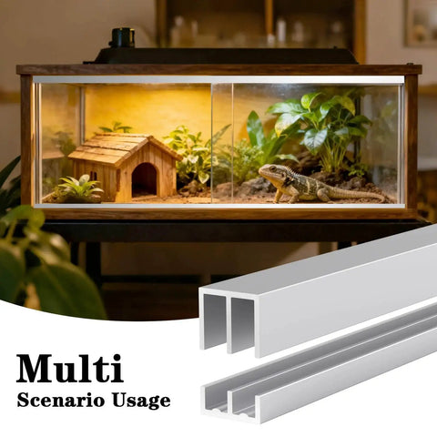 Reptile terrarium with wood house and plants, showing Complete Aluminum Sliding Door Track Kit With Two Upper Tracks And Two Lower Tracks