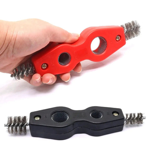 Person holding Two Pack Four In One Copper Pipe Cleaner Kit For Plumbing Deburring And Soldering with visible brushes