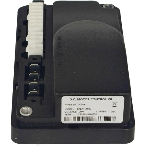 DC motor controller in black plastic housing with white multi-pin connector; model 1212P-2502, 24V 90A.