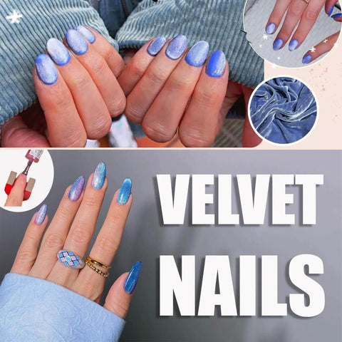 Collage of hands showing blue velvet nails with text 'Velvet Nails', featuring different angles and accessories.