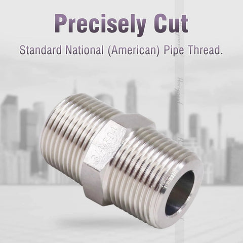 Stainless steel hex pipe fitting with 3/4 NPT male threads and 1 in O.D. adapter