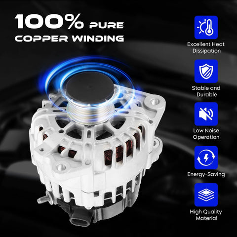 New 2.5L Alternator Replacement For Nissan Altima 2007-2013, copper winding alternator with features highlighted.