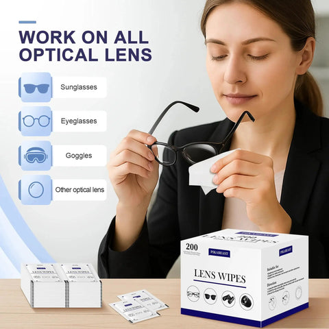 Woman using Lens Wipes For Glasses Cameras And Screens 200 Count Streak Free Ammonia Free, holding eyeglasses with packaging visible.