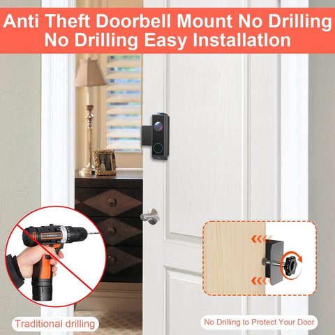 Anti-Theft Video Doorbell Mount For E340 With No Drill Adjustable Bracket installed on door, showcasing easy installation.