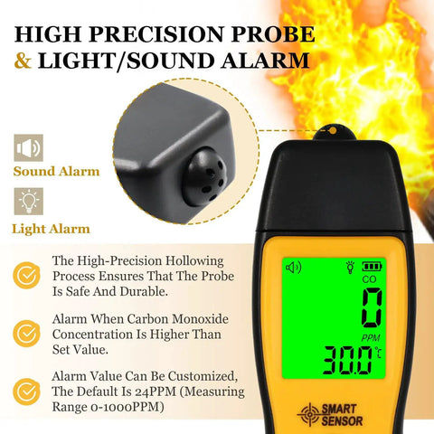 Portable Carbon Monoxide Detector With Temperature Sensor And LCD Backlit Screen with high precision probe and alarm features.