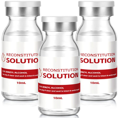 Three 10mL clear glass heavy-duty vials (3-pack) labeled Reconstitution Solution with 0.9% benzyl alcohol