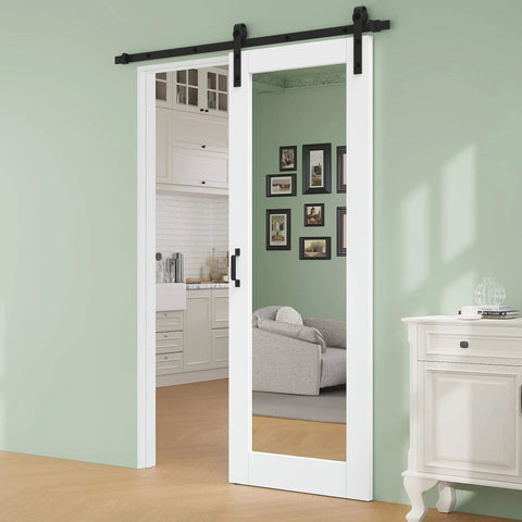 28 Inch By 80 Inch Preassembled Solid Core MDF Sliding Barn Door Kit With 72 Inch Track And Black Hardware, 1 Lite Mirror Panel