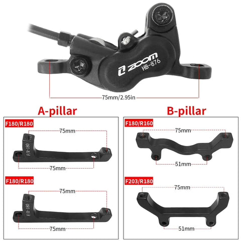 Angled side view of black HAIKS Zoom HB876E 4-piston hydraulic disc brake caliper with 180mm rotor adapters.