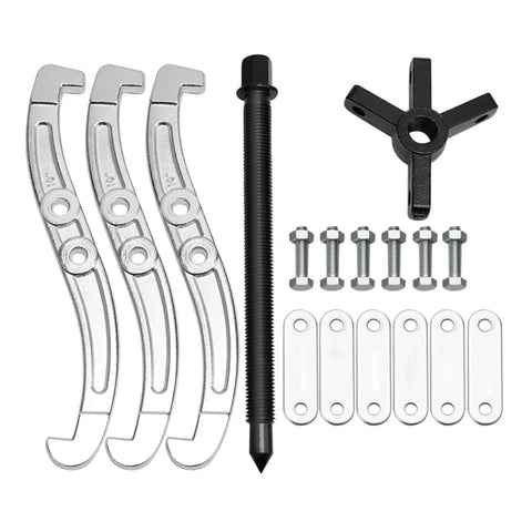 Three Jaw Gear Puller Tool Set With Reversible Jaws For Bearing And Pulley Removal, including forged steel components, screws, and claw arms.