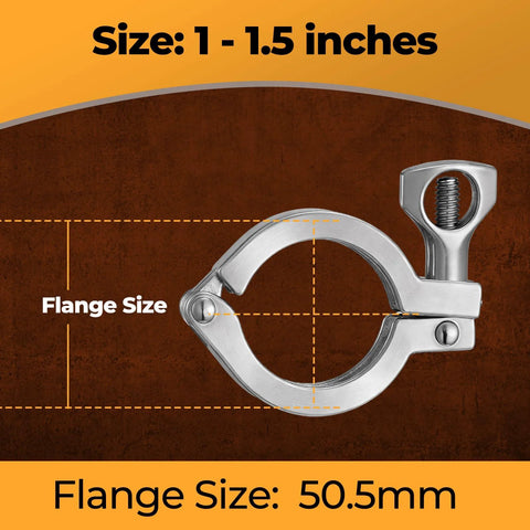 Stainless steel tri-clamp single-pin ferrule with wing nut, TC 1–1.5 in, 304 stainless with silicone gasket