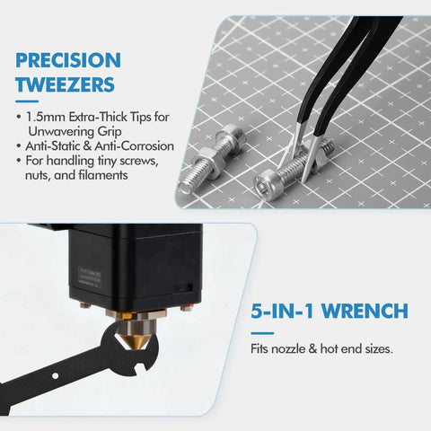 Close-up of 5-in-1 wrench and precision tweezers from 38 Piece 3D Printer Tools Kit With Nozzle Cleaning Needles Scrapers Files Wire Cutter Craft Knife Wrench And Tweezers For Quick Clean Up Finishing And Easy Removal Of Debris On 3D Printing Projects.