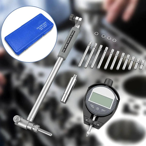 Digital Bore Gauge Set With LCD Dial Indicator For Cylinder Measurement In Engines 2 To 6 Inch Bore Range With 0.0003 Inch Precision Includes 12 Anvils HDLNKAK Gearhead Favorite Pro Grade Machinist Quality For Out Of Round And Cylinder Tolerance Checks shown with components and blue case.