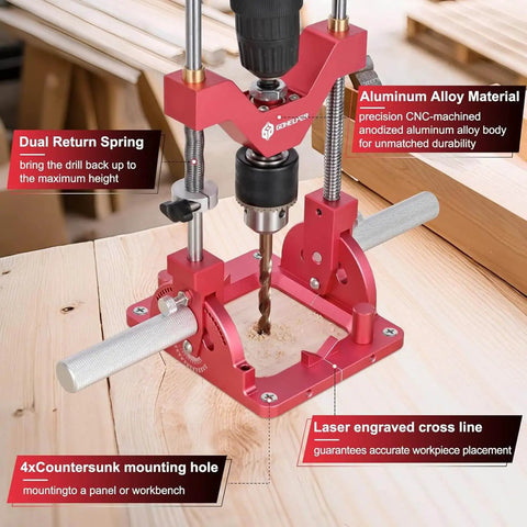 Heavy Duty Portable Drill Guide For Straight Holes And 0 To 60 Degree Angle Drilling, Drill Press Adapter For Hand Drill, Precision Adjustable Drill Jig Attachment With Guide Rod And One Half Inch Chuck, Built Tough And Accurate shown in use on wood surface.