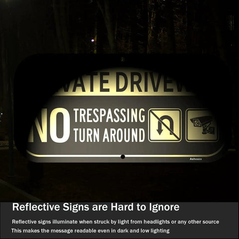 Private Driveway No Parking No Turn Around Sign Aluminum Reflective Weatherproof Outdoor 12x6 Inches Two Pack UV Protected Black And Gold Driveway Warning For Private Property at night