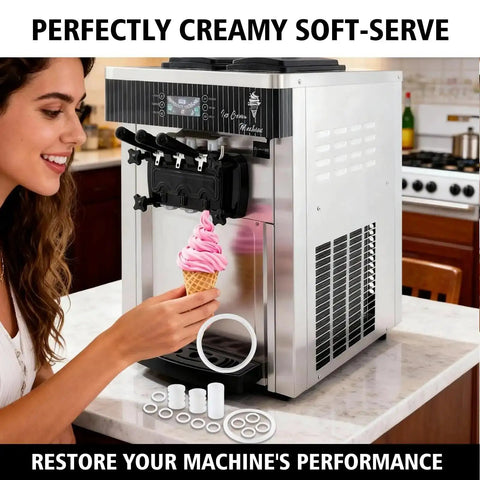 Woman using soft serve ice cream machine with 15 Piece Soft Serve Ice Cream Machine Repair Kit With O Rings Gaskets Seals And Tubes Premium Food Grade Silicone Leak Resistant Easy Install All In One For Commercial And Home Use