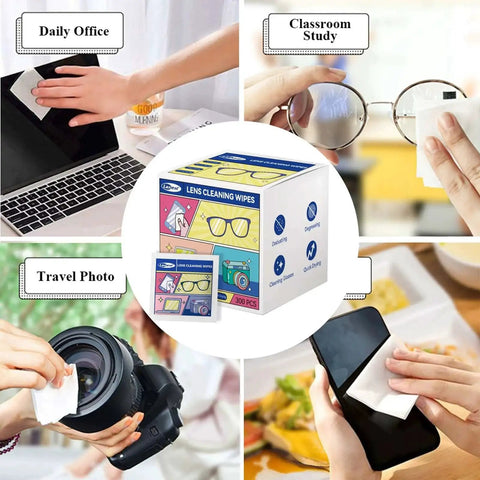 Lens Cleaning Wipes For Glasses And Screens, 300 Count, Safe For Coatings, showing wipes used on laptop, glasses, camera, and phone.