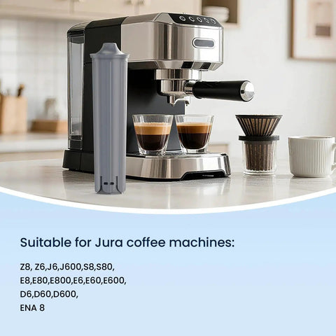 Glacier Fresh Jura Claris Smart+ water filter cartridge, gray upright beside a stainless espresso machine on counter